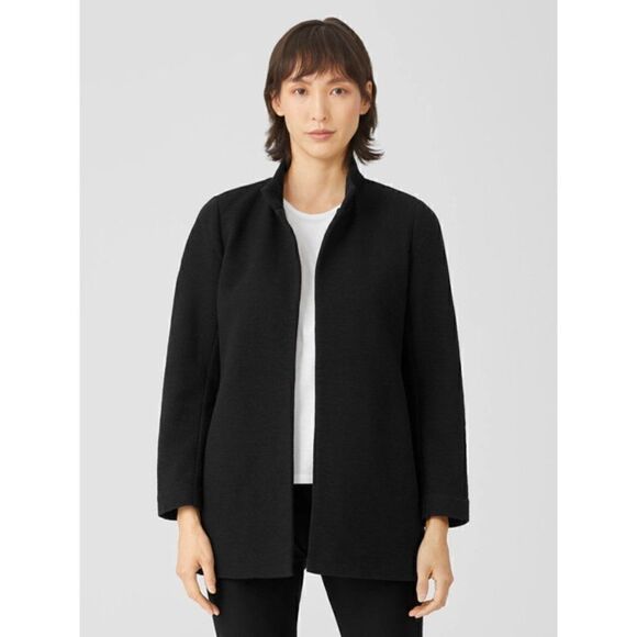Eileen Fisher Black Sponged Silk Heavyweight Mid Length Open Jacket - Picture 1 of 6